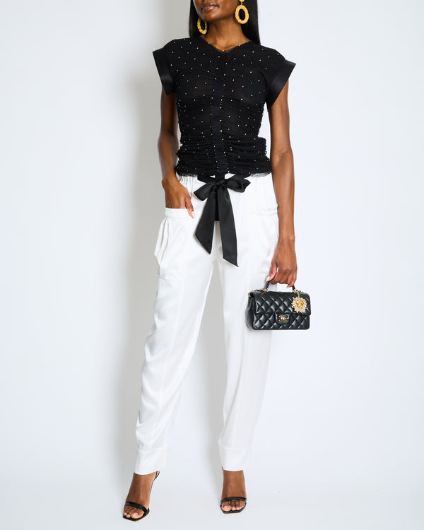 Chanel White Silk Trousers with Black Belt and Crystal CC Logo Detail Size FR 36 (UK 8)