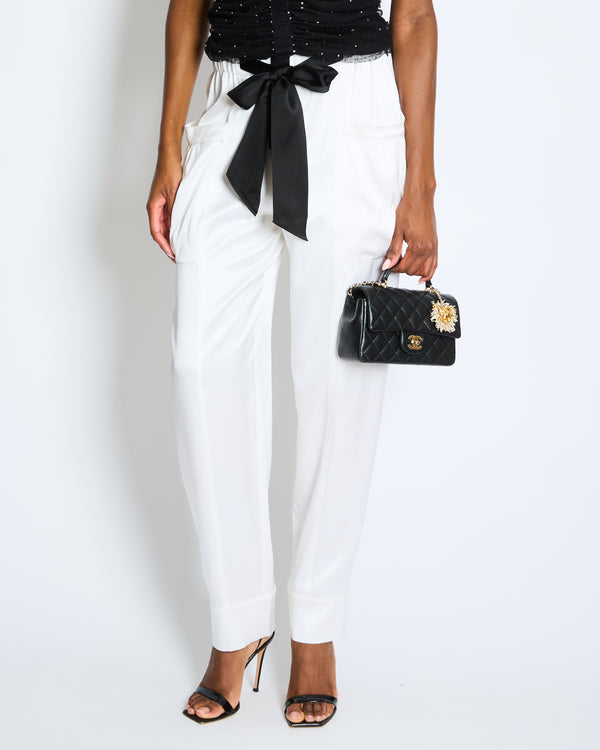 Chanel White Silk Trousers with Black Belt and Crystal CC Logo Detail Size FR 36 (UK 8)