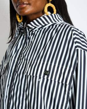 Chanel Black and White Striped Hooded Anorak Jacket with CC Logo Prints and CC Logo Buttons Size FR 36 (UK 8)