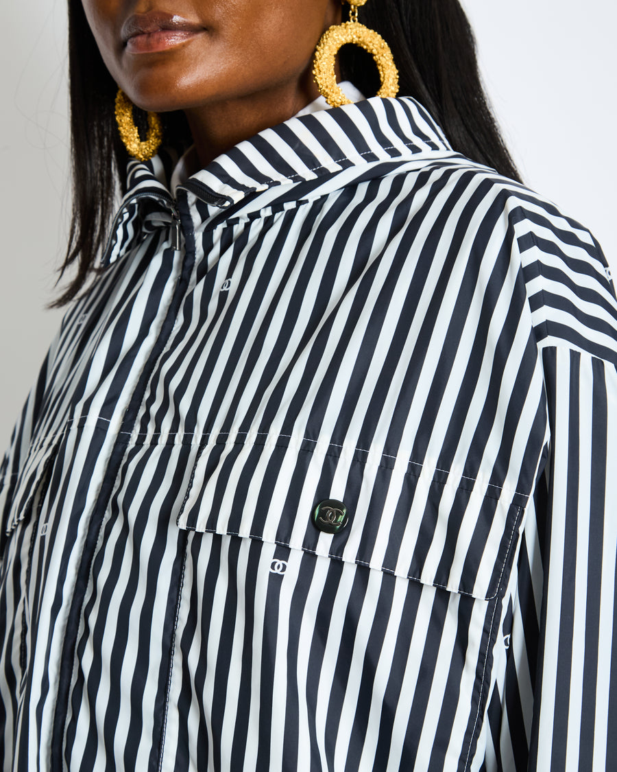 Chanel Black and White Striped Hooded Anorak Jacket with CC Logo Prints and CC Logo Buttons Size FR 36 (UK 8)