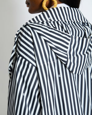 Chanel Black and White Striped Hooded Anorak Jacket with CC Logo Prints and CC Logo Buttons Size FR 36 (UK 8)