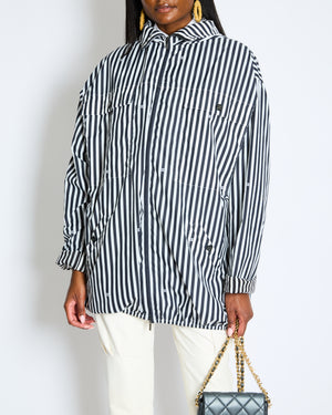 Chanel Black and White Striped Hooded Anorak Jacket with CC Logo Prints and CC Logo Buttons Size FR 36 (UK 8)