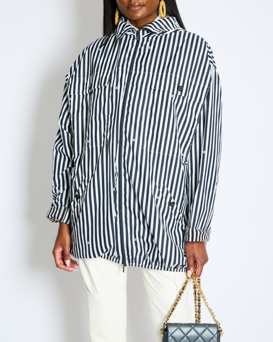Chanel Black and White Striped Hooded Anorak Jacket with CC Logo Prints and CC Logo Buttons Size FR 36 (UK 8)