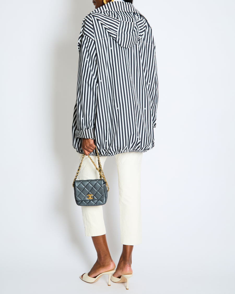Chanel Black and White Striped Hooded Anorak Jacket with CC Logo Prints and CC Logo Buttons Size FR 36 (UK 8)