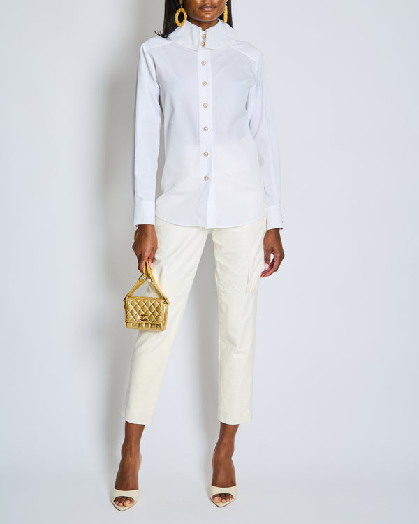 Chanel Resort 2019 La Pausa White Leather Trousers with Gold and Pearl Embellished CC Logo Button Size FR 36 (UK 8)