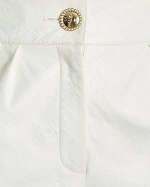 Chanel Resort 2019 La Pausa White Leather Trousers with Gold and Pearl Embellished CC Logo Button Size FR 36 (UK 8)