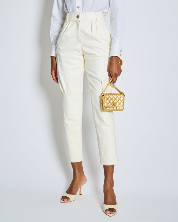 Chanel Resort 2019 La Pausa White Leather Trousers with Gold and Pearl Embellished CC Logo Button Size FR 36 (UK 8)