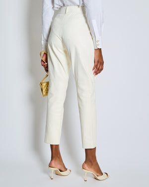Chanel Resort 2019 La Pausa White Leather Trousers with Gold and Pearl Embellished CC Logo Button Size FR 36 (UK 8)