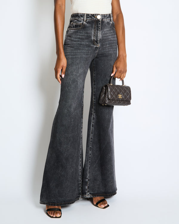 Chanel Dark Grey Boot-Cut Jeans with Crystal Logo Detail and Champagne Gold CC Logo Button Size FR 36 (UK 8)