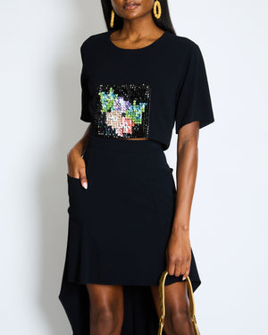 Chanel Métiers d'Art 2023 Black Cropped Top with Multi-Colour Sequin Patch Detail and Back Gold CC Logo Buttons Size FR 34 (UK 6)