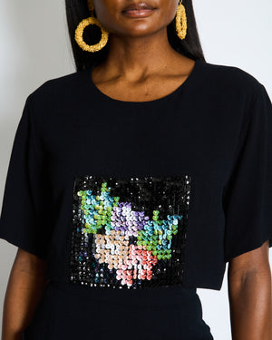 Chanel Métiers d'Art 2023 Black Cropped Top with Multi-Colour Sequin Patch Detail and Back Gold CC Logo Buttons Size FR 34 (UK 6)