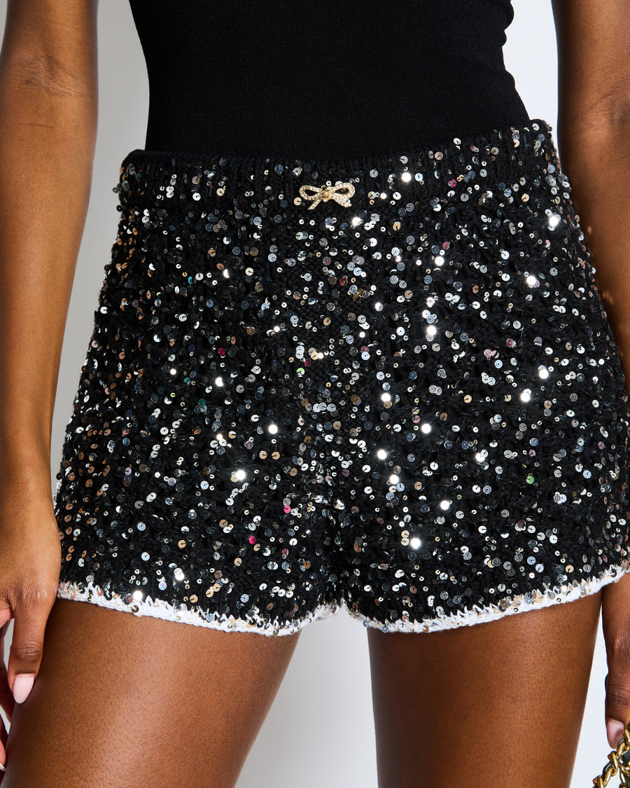 Chanel Spring 2023 Black Sequin Embellished Crocheted Shorts with Silver Crystal Embellished Bow Detail Size FR 38 (UK 10)