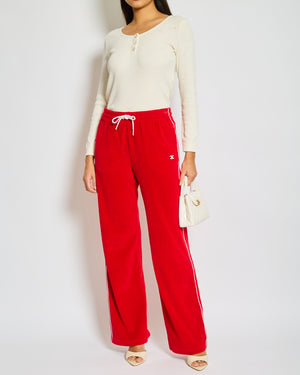 Celine Red Velours Tracksuit Trousers with White Details and Elasticated Waist with Embroidered Logo Detail Size M (UK 10)