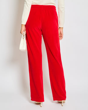Celine Red Velours Tracksuit Trousers with White Details and Elasticated Waist with Embroidered Logo Detail Size M (UK 10)
