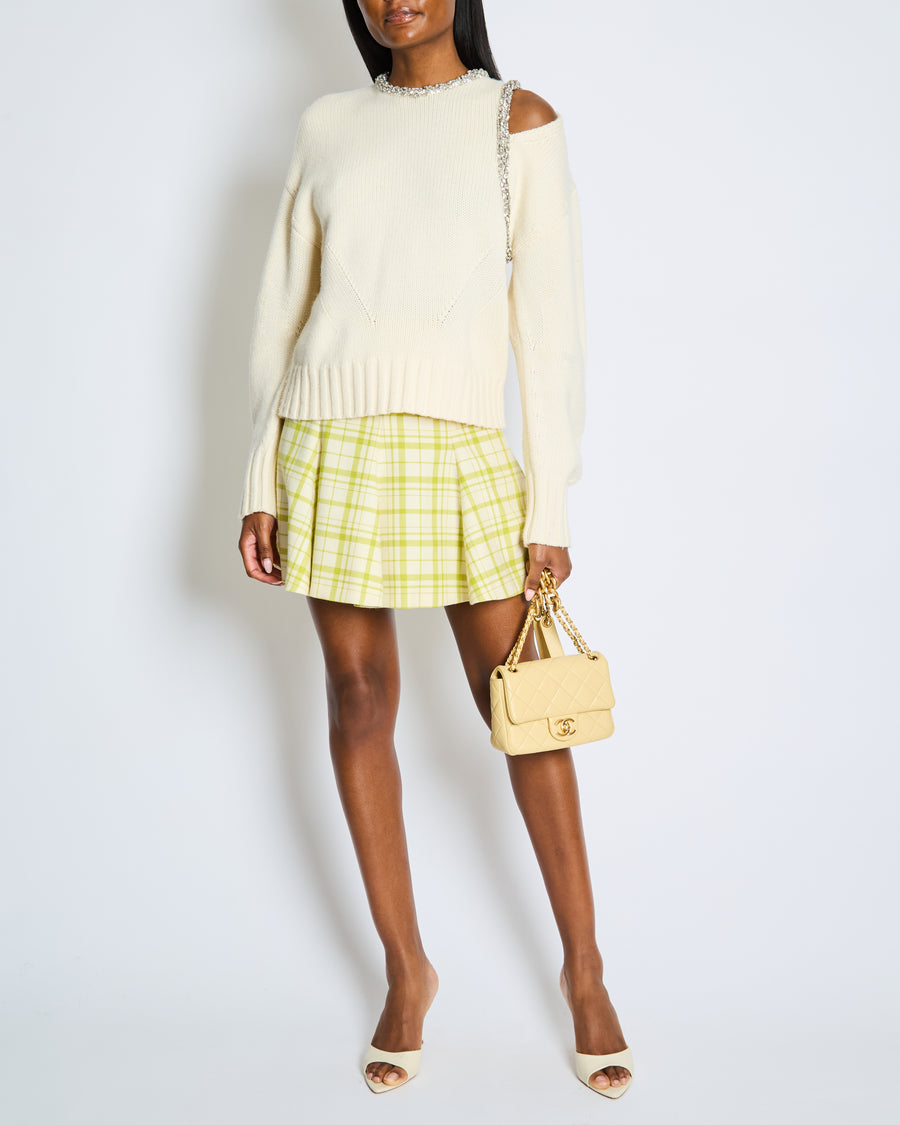 Christian Dior Cream and Lime Plaid Wool Mini Skirt Size FR 34 (UK 6)