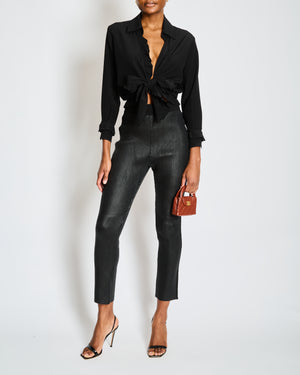 Hermès Black Ribbed Leather Leggings with Fabric Side Trim Size FR 38 (UK 10)