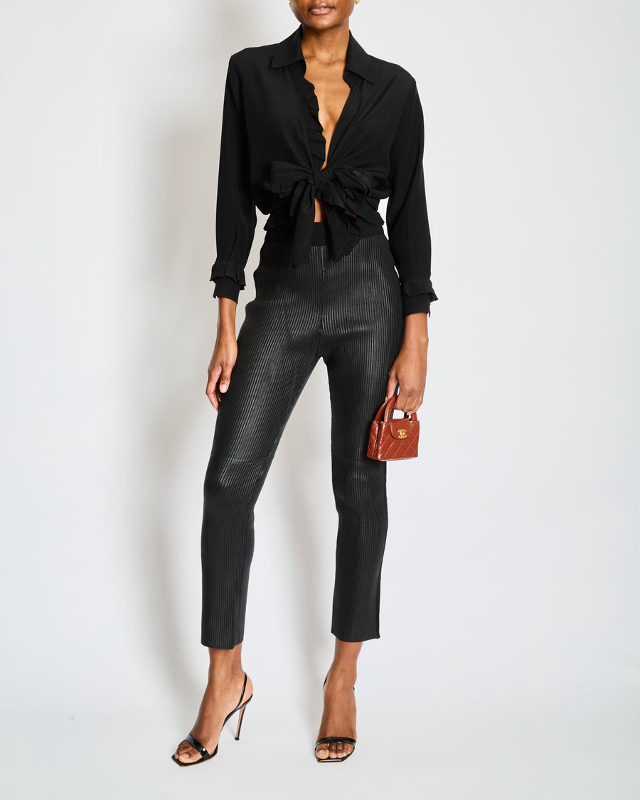 Hermès Black Ribbed Leather Leggings with Fabric Side Trim Size FR 38 (UK 10)