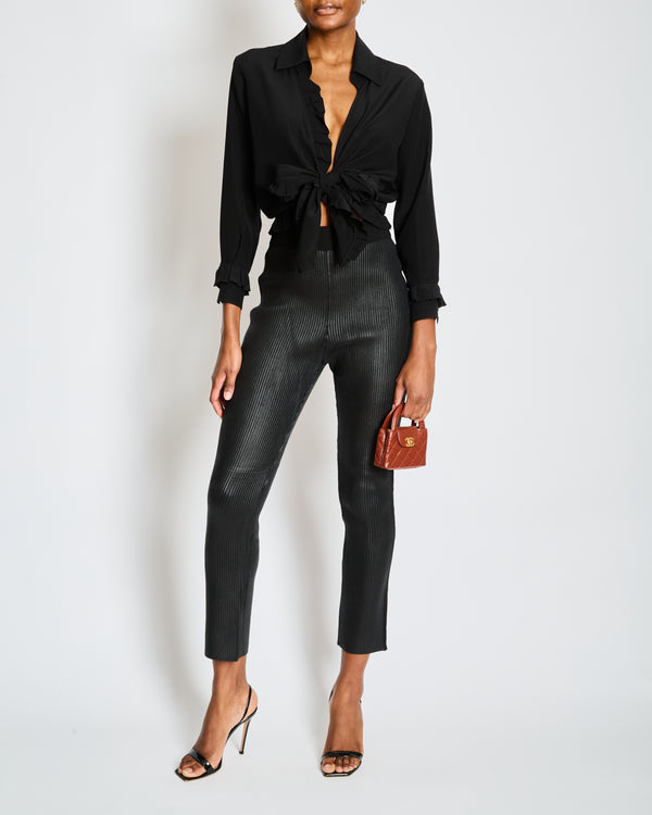 Hermès Black Ribbed Leather Leggings with Fabric Side Trim Size FR 38 (UK 10)