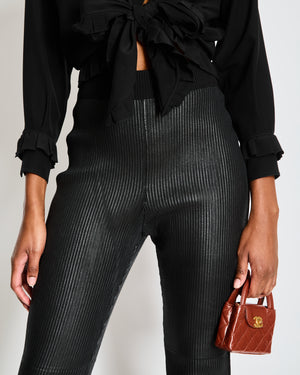 Hermès Black Ribbed Leather Leggings with Fabric Side Trim Size FR 38 (UK 10)