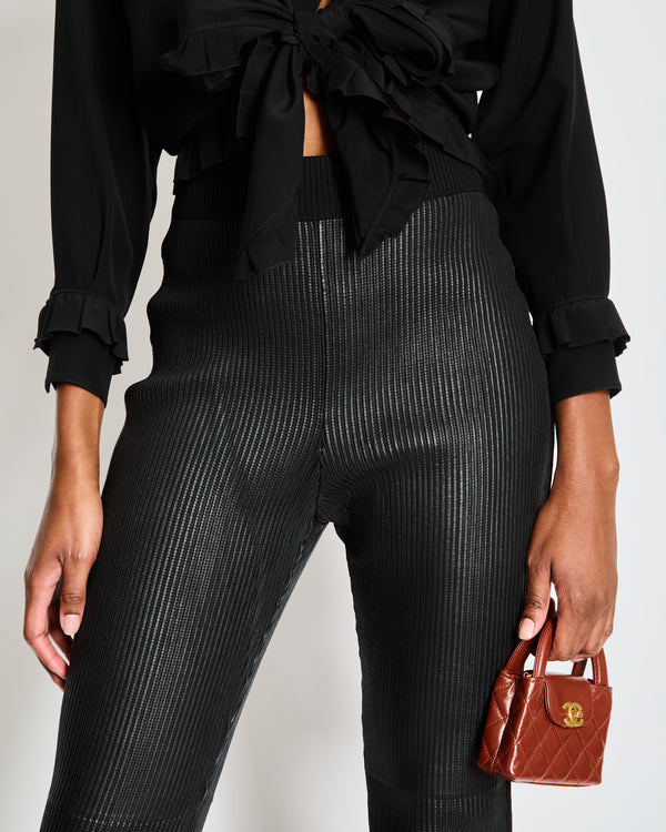 Hermès Black Ribbed Leather Leggings with Fabric Side Trim Size FR 38 (UK 10)