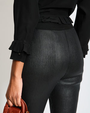 Hermès Black Ribbed Leather Leggings with Fabric Side Trim Size FR 38 (UK 10)