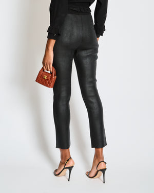 Hermès Black Ribbed Leather Leggings with Fabric Side Trim Size FR 38 (UK 10)