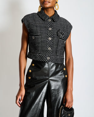 Chanel Black and Silver Metallic Striped Cropped Sleeveless Vest with CC Logo Buttons Size FR 36 (UK 8)