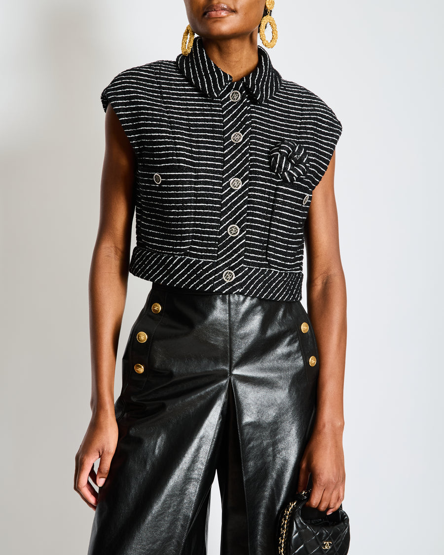 Chanel Black and Silver Metallic Striped Cropped Sleeveless Vest with CC Logo Buttons Size FR 36 (UK 8)