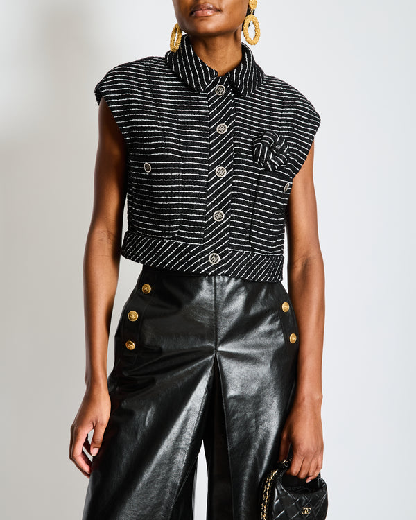 Chanel Black and Silver Metallic Striped Cropped Sleeveless Vest with CC Logo Buttons Size FR 36 (UK 8)