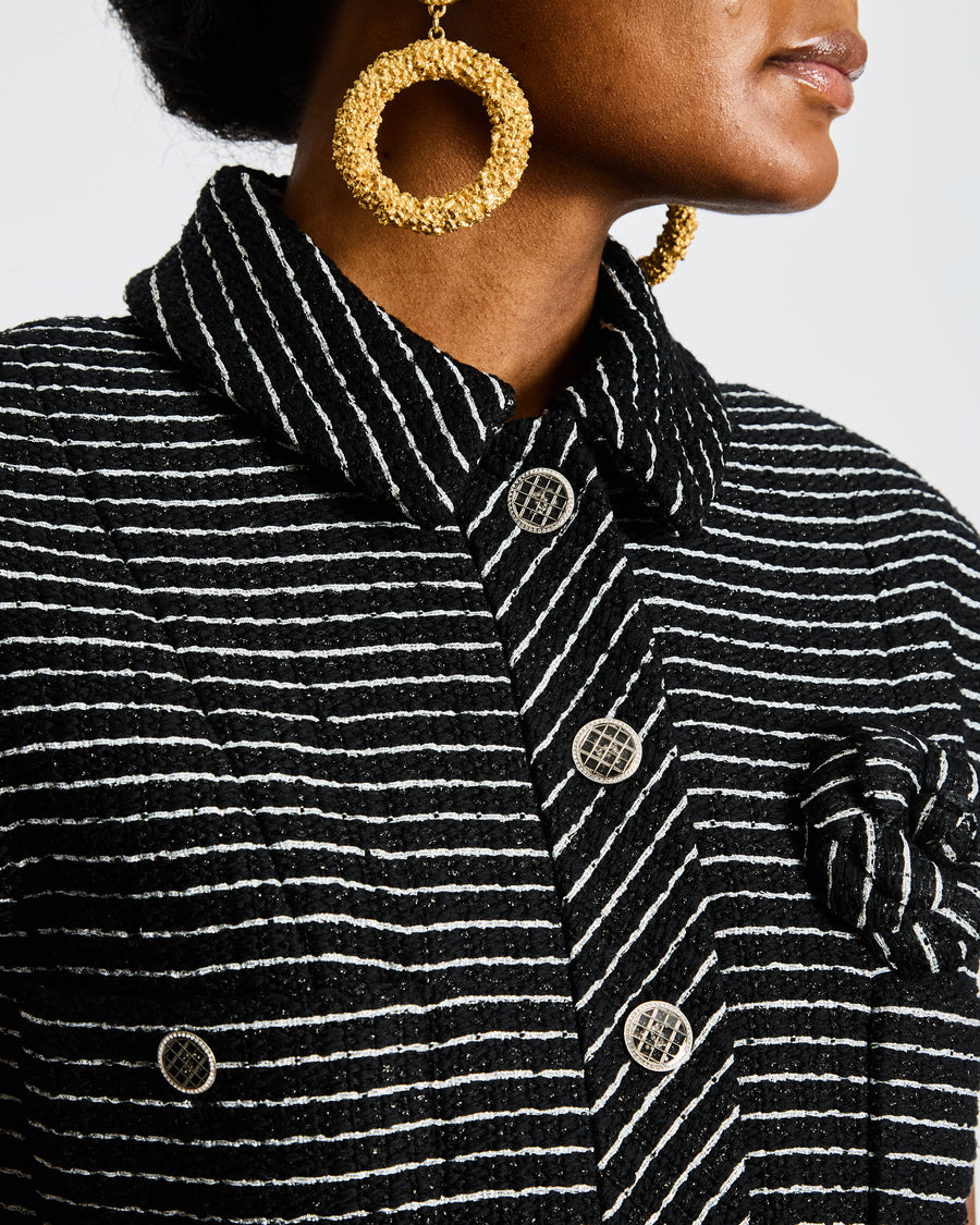 Chanel Black and Silver Metallic Striped Cropped Sleeveless Vest with CC Logo Buttons Size FR 36 (UK 8)