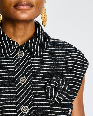 Chanel Black and Silver Metallic Striped Cropped Sleeveless Vest with CC Logo Buttons Size FR 36 (UK 8)