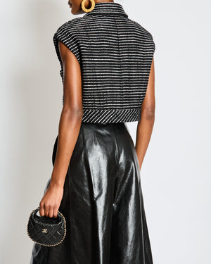 Chanel Black and Silver Metallic Striped Cropped Sleeveless Vest with CC Logo Buttons Size FR 36 (UK 8)