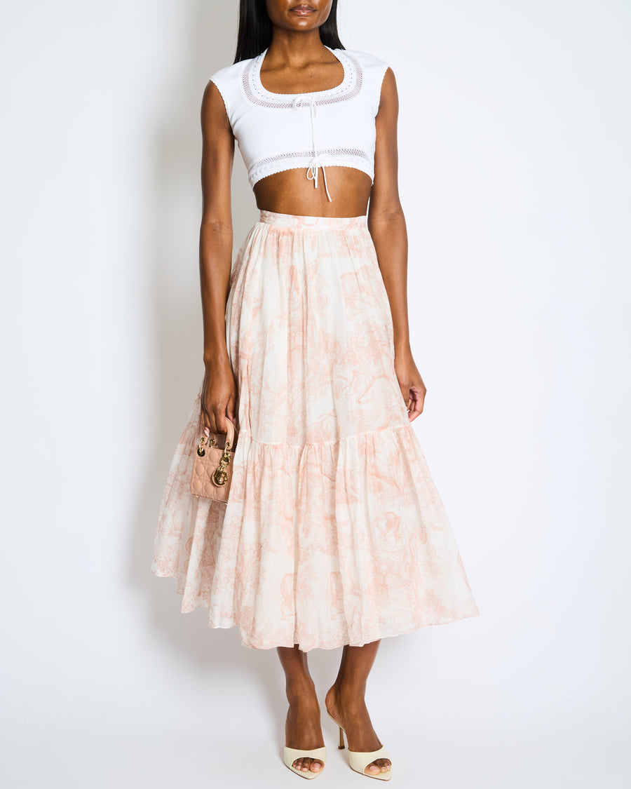 Christian Dior White and Pink Toile de Jouy Midi Skirt Size FR 36 (UK 8) RRP £1,900