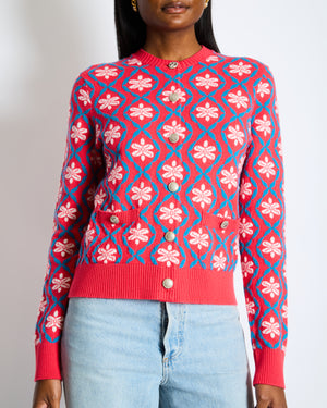 Chanel 2017 Coco Cuba Pink Cashmere Round-Neck Cardigan with Blue and White Detailing Size FR 42 (UK 14)