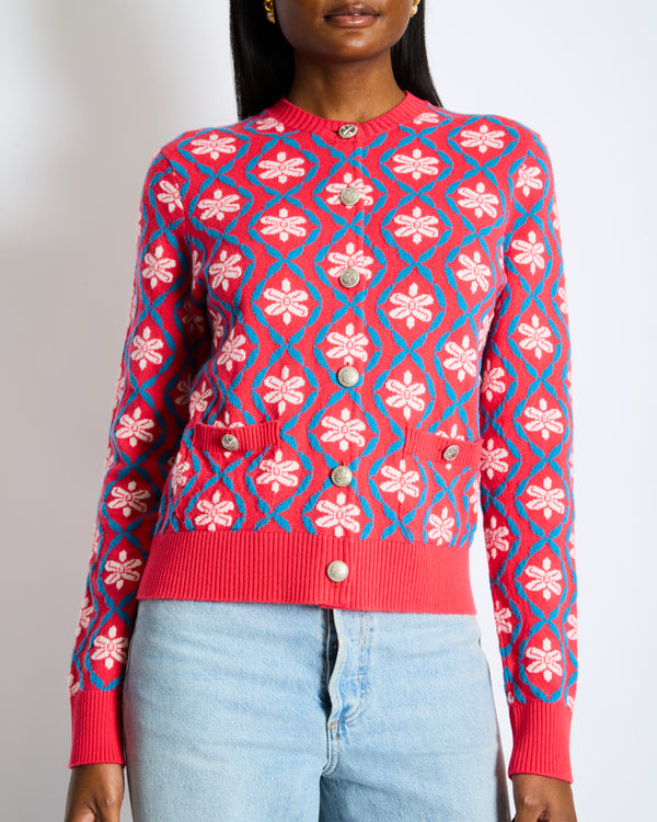 Chanel 2017 Coco Cuba Pink Cashmere Round-Neck Cardigan with Blue and White Detailing Size FR 42 (UK 14)