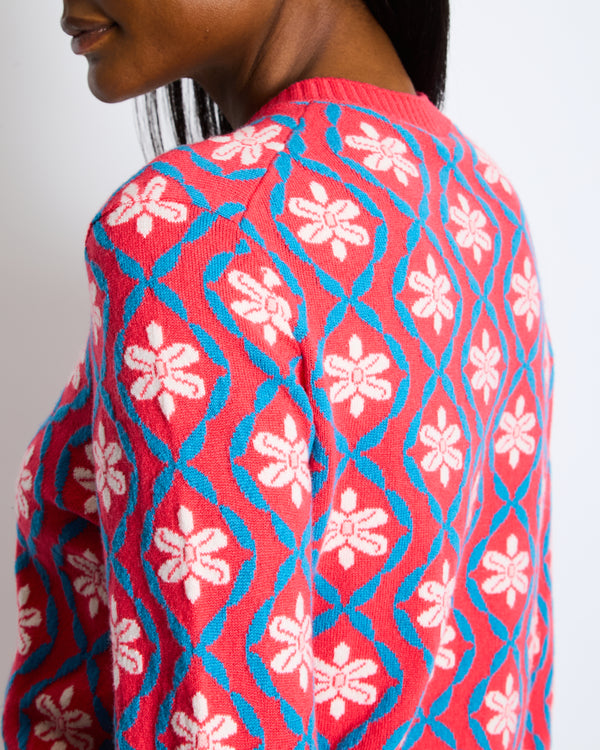 Chanel 2017 Coco Cuba Pink Cashmere Round-Neck Cardigan with Blue and White Detailing Size FR 42 (UK 14)