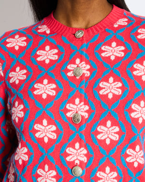 Chanel 2017 Coco Cuba Pink Cashmere Round-Neck Cardigan with Blue and White Detailing Size FR 42 (UK 14)