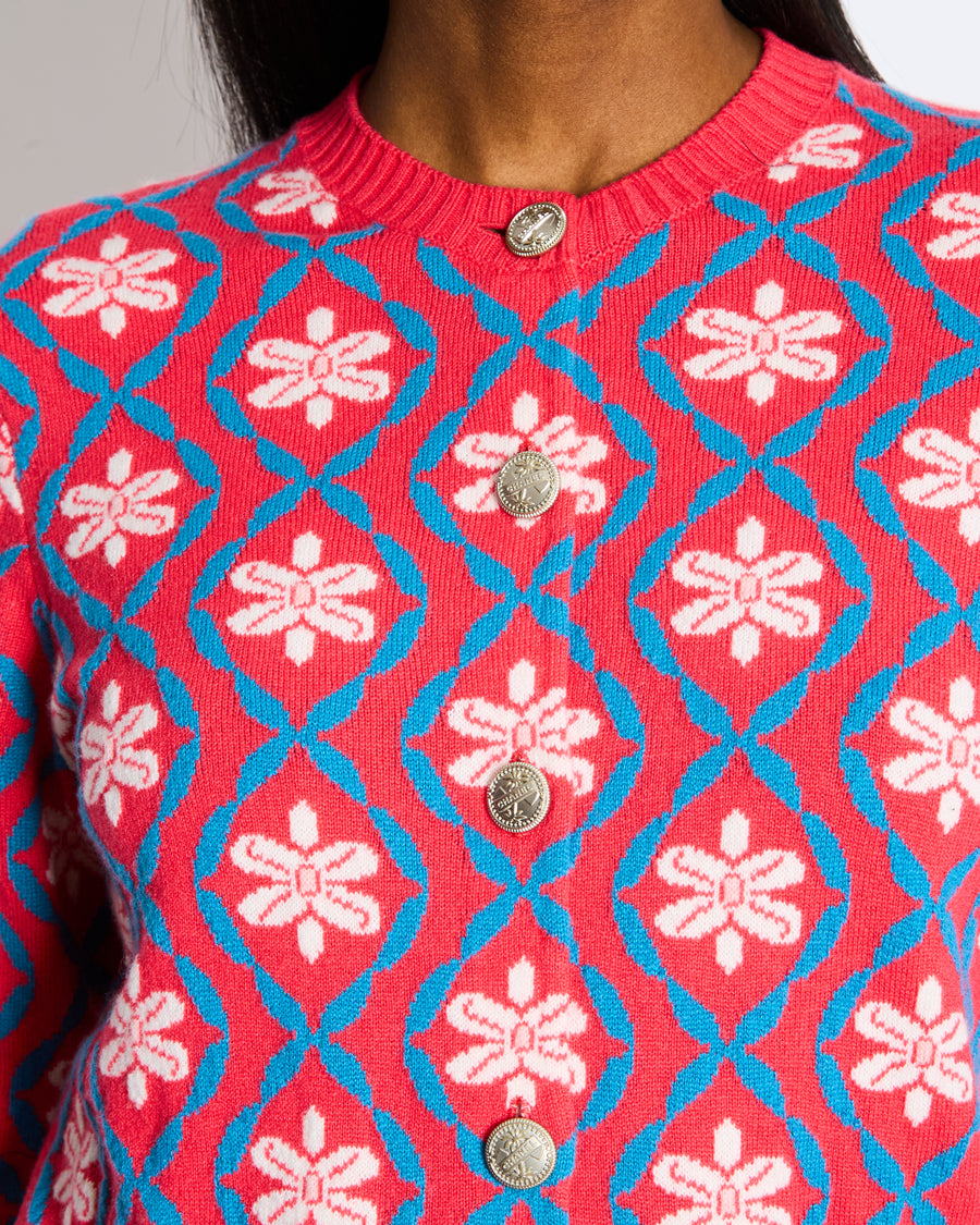 Chanel 2017 Coco Cuba Pink Cashmere Round-Neck Cardigan with Blue and White Detailing Size FR 42 (UK 14)