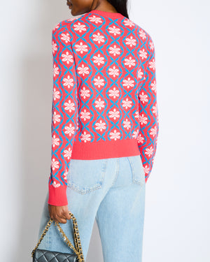 Chanel 2017 Coco Cuba Pink Cashmere Round-Neck Cardigan with Blue and White Detailing Size FR 42 (UK 14)