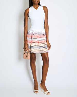 Alaïa White V Neck Knit Mini Dress with Laser Cut Multi-Coloured Skirt Size FR 36 (UK 8)