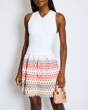 Alaïa White V Neck Knit Mini Dress with Laser Cut Multi-Coloured Skirt Size FR 36 (UK 8)
