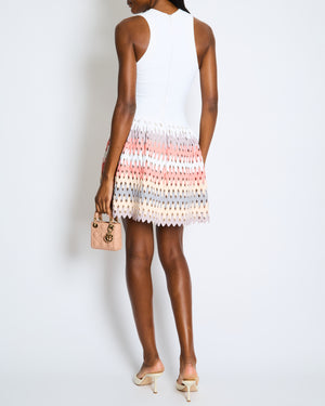Alaïa White V Neck Knit Mini Dress with Laser Cut Multi-Coloured Skirt Size FR 36 (UK 8)