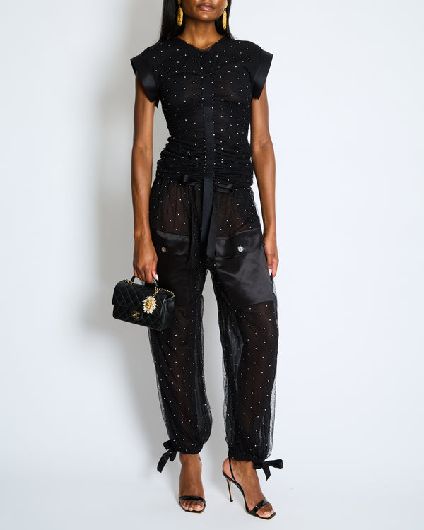 Chanel 19/C La Pausa Black Tulle Polka Dot Top and Trousers Set with Crystals and Satin Details Size FR 34 (UK 6)