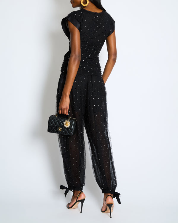 Chanel 19/C La Pausa Black Tulle Polka Dot Top and Trousers Set with Crystals and Satin Details Size FR 34 (UK 6)