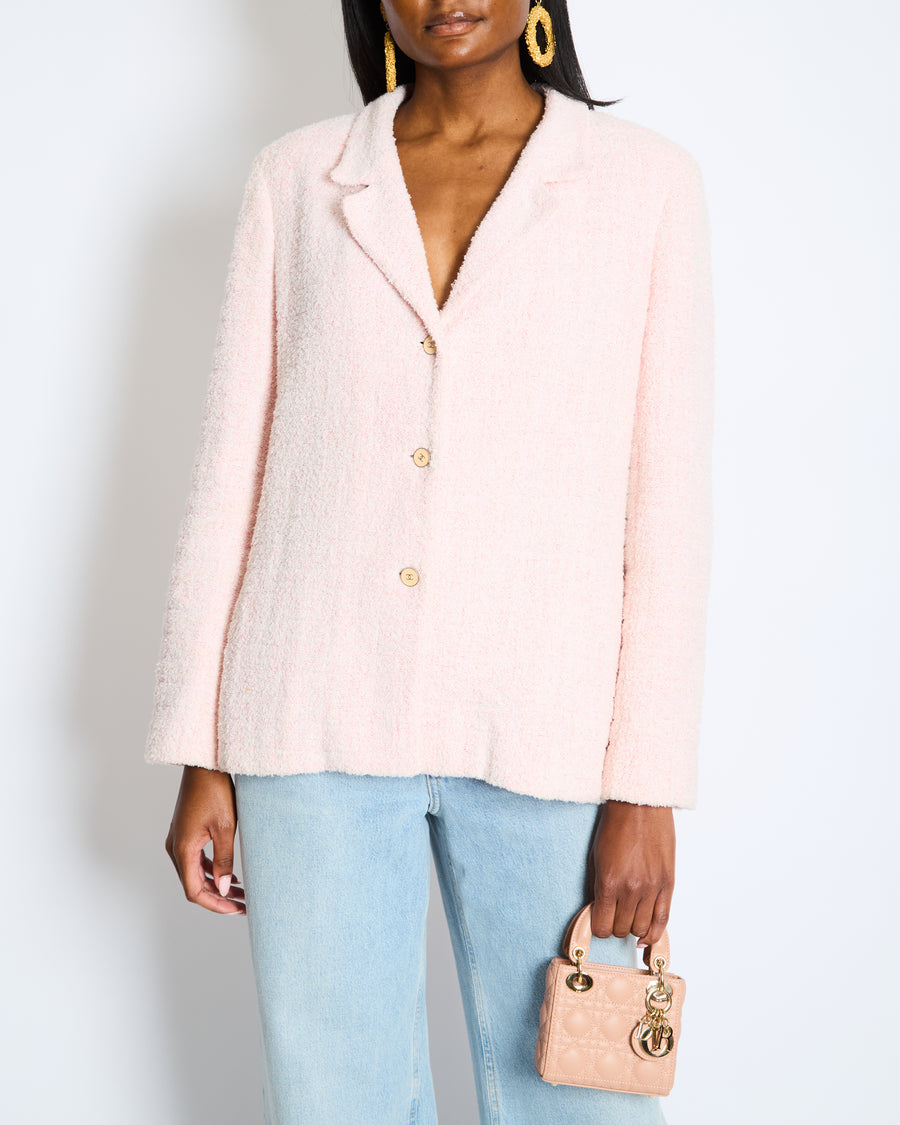 Chanel Pastel Pink Vintage Tweed Jacket with Silver and Beige CC Logo Buttons Size FR 38 (UK 10)