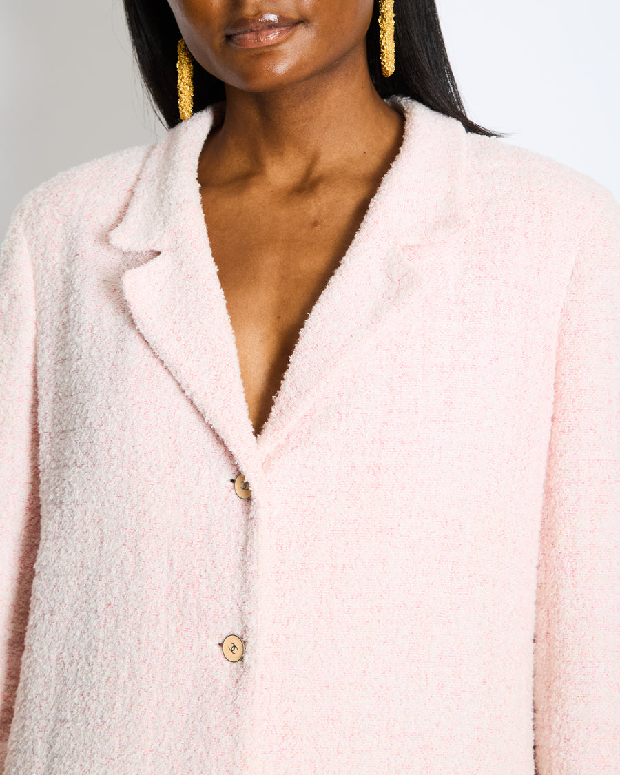Chanel Pastel Pink Vintage Tweed Jacket with Silver and Beige CC Logo Buttons Size FR 38 (UK 10)