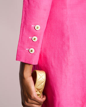 Chanel 95/P Vintage Barbie Pink Linen Mini Dress and Cropped Jacket Set with Gold CC Logo Buttons Size FR 38 (UK 10)
