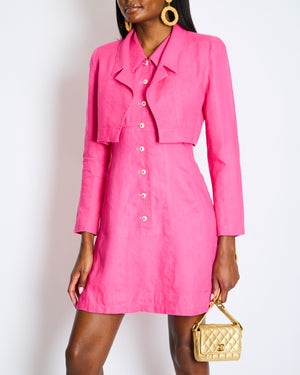 Chanel 95/P Vintage Barbie Pink Linen Mini Dress and Cropped Jacket Set with Gold CC Logo Buttons Size FR 38 (UK 10)