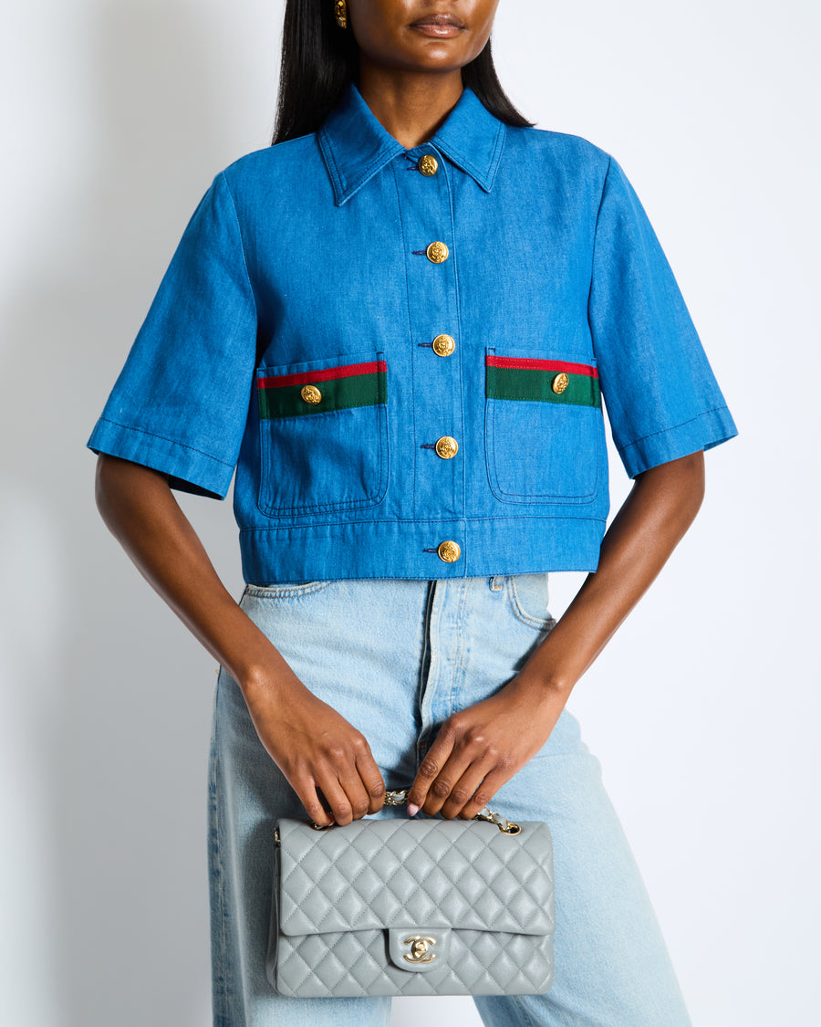Gucci Cropped Striped Blue Denim Shirt with Short Sleeves and Gold Buttons IT 42 (UK 10)