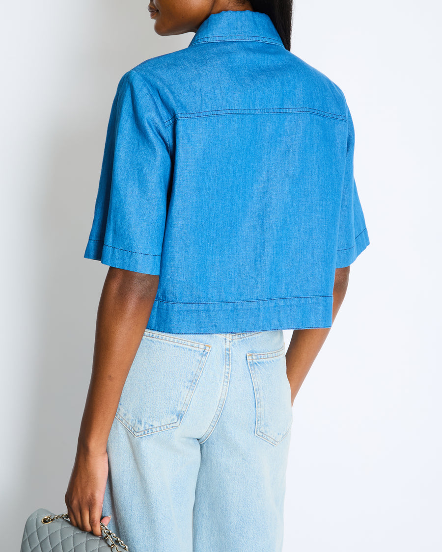 Gucci Cropped Striped Blue Denim Shirt with Short Sleeves and Gold Buttons IT 42 (UK 10)